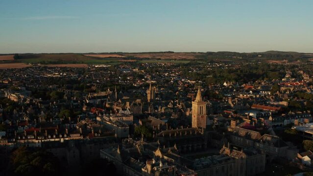 Aerial shot of St. Andrews in Scotland, United Kingdom, historical town by the water