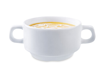 Pumpkin pureed soup for Halloween holidays on a white isolated background