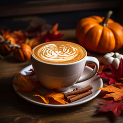 A latte coffee on a wood dining table surrounded by fall themed decorations like pumpkins, leaves and cinnamon sticks.