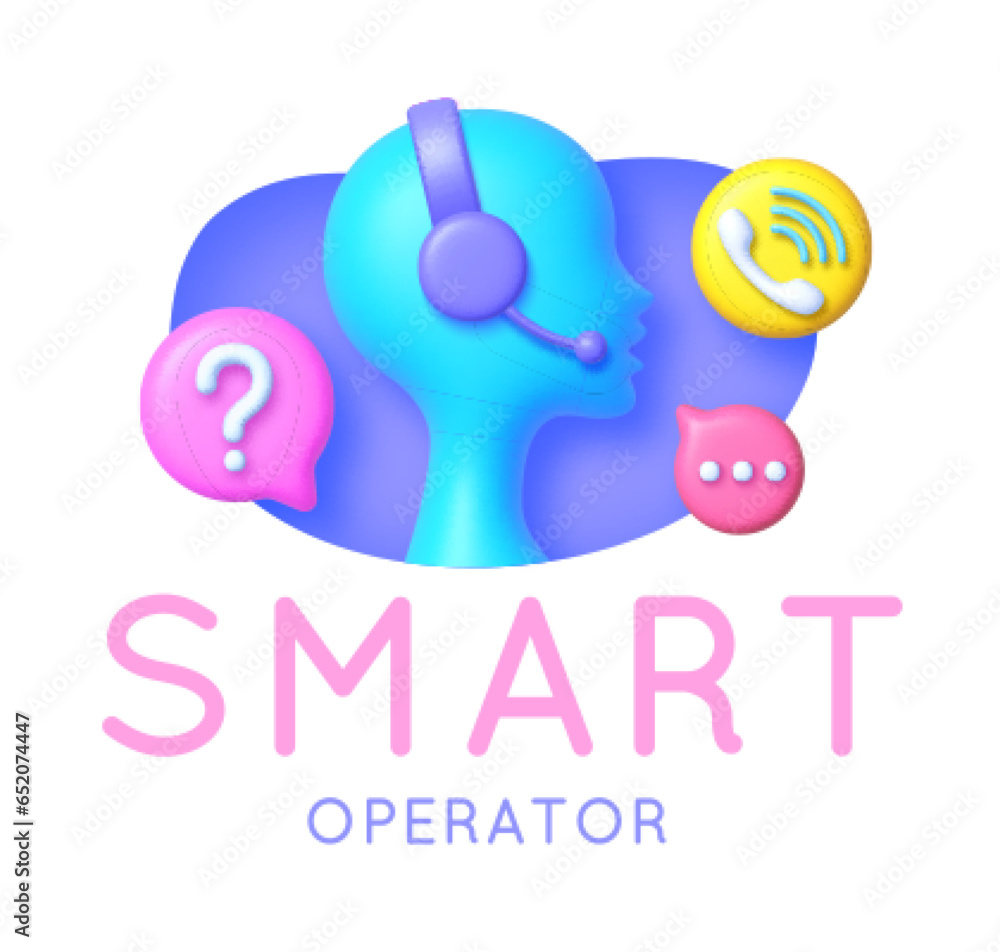 Poster smart operator 3d vector illustration. customer service and mobile support landing page, operator wi