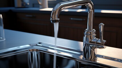 Close-up shot of water tap in modern luxury kitchen. Metal sink, chrome faucet with running water. Beautiful dramatic light, blurred background. Contemporary interior design. 3D rendering.