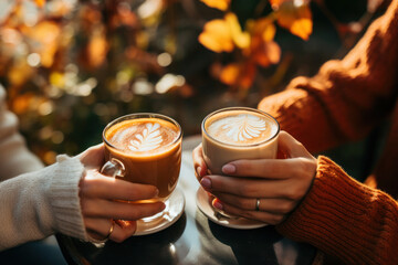 Group of friends having fun and drinking coffee outdoors