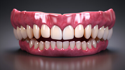 Model of a human jaw with white veneers on teeth. Jaw in dentistry. Clean denture, model with veneers on teeth in dentist's office.