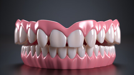 Fototapeta premium Model of a human jaw with white veneers on teeth. Jaw in dentistry. Clean denture, model with veneers on teeth in dentist's office.