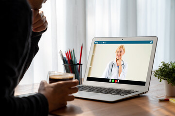 Doctor video call online by modish telemedicine software application for virtual meeting with...