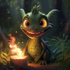 Cute happy mischievous young green dragon, fantasy illustration, playful, outdoors, forest setting. Generative AI.

