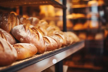 Gordijnen Blurred bakery shop in wholesale store with fresh baked bread on wooden shelf © Vikarest