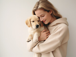 Portrait of young beautiful woman with her cute puppy