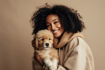Portrait of young beautiful black woman with her cute puppy - obrazy, fototapety, plakaty