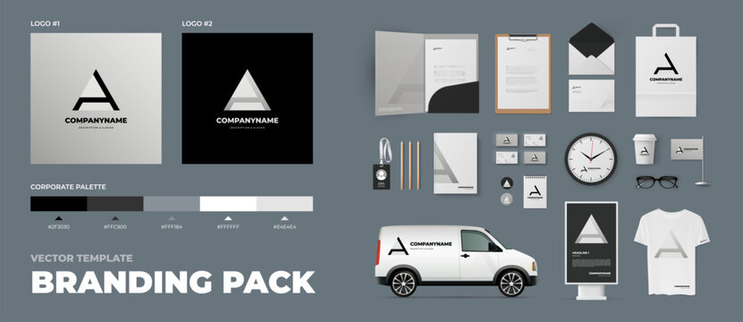 Black and white branding with letter A minimal logo and pack of stationery design