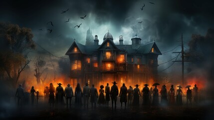 A group of people standing in front of a mysterious and eerie house - obrazy, fototapety, plakaty
