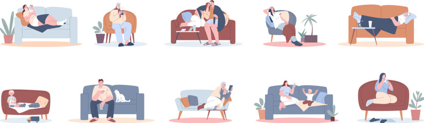 Sick flu and recovery people. Adults and kids on couch and chairs with cold at home. Patients, headache and high temperature, kicky vector set