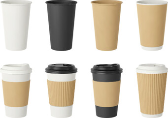 Paper cup realistic mockup. Coffee take away mug, disposables eco cups with plastic lid for cafe and bar. 3d hot drinks pack pithy vector collection