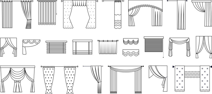 Line curtains for door, window or stage. Windows decorations, outline blinds and curtain. Various fabric interior design, indoor decent vector elements