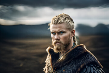 Blonde blue eyed handsome viking man portrait on a landscape - Generative AI - obrazy, fototapety, plakaty