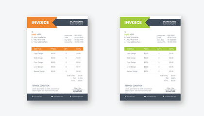 Clean business invoice design template. Invoicing quotes, money bills or price invoices and payment agreement design templates. Tax form, bill graphic or payment receipt page vector set