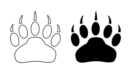 Bear or panda paw footprint with claws. Silhouette, contour. Icon. Vector isolated on white. Black and white. Grizzly wild animal paw print icon and symbol. Print, textile, postcard booklet pet store © Jafree