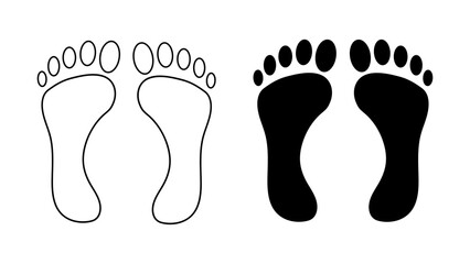 Human footprints. Bare feet. A pair of human feet, left and right. Silhouette, outline. Black and white vector isolated on white background. Icon, symbol, pictogram. For print, design element