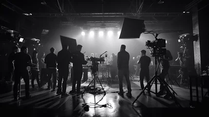 Fotobehang Behind the scene of film production in the studio. Movie making scene in black and white. © Tirtonirmolo