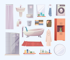 Shower items. Tools collection for bathroom interior exact vector hygiene equipment in cartoon style
