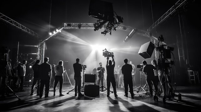 Behind the scene of film production in the studio. Movie making scene in black and white.
