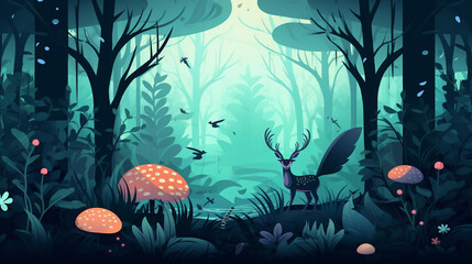 illustration mysterious forest with animals, AI Generated