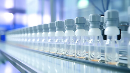 Medical glass vials on production line at pharmaceutical factory, pharmaceutical vaccine bottles production line. 