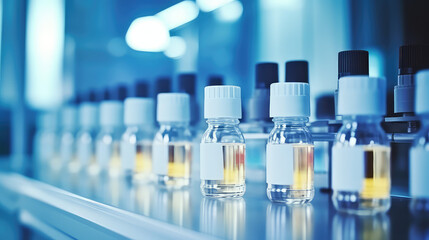 Medical glass vials on production line at pharmaceutical factory, pharmaceutical vaccine bottles production line. 