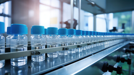 Medical glass vials on production line at pharmaceutical factory, pharmaceutical vaccine bottles production line. 