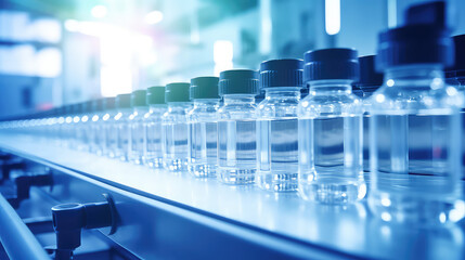 Medical glass vials on production line at pharmaceutical factory, pharmaceutical vaccine bottles production line. 