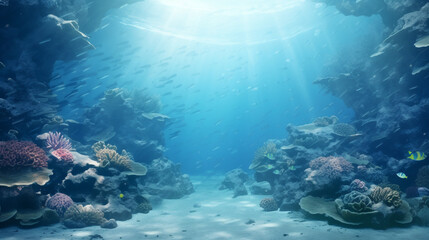 Obraz premium underwater view of a reef with fishes with light, AI Generated