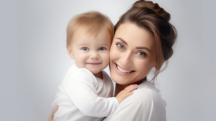Portrait of a young happy mother holding her sweet little baby in her arms on white studio background with copy space. 