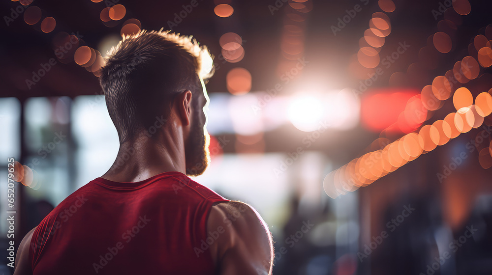 Wall mural View from behind, young Fitness man, workout. Back view of a muscular, pumped-up male bodybuilder athlete. 