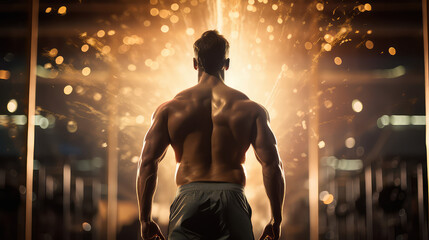 Fototapeta na wymiar View from behind, young Fitness man, workout. Back view of a muscular, pumped-up male bodybuilder athlete. 