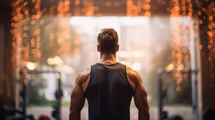 Fototapeta premium View from behind, young Fitness man, workout. Back view of a muscular, pumped-up male bodybuilder athlete. 