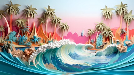 Fototapeta na wymiar Sea beach summer background. Seashore with palm tree and sand, water waves splashing in papercut. Concept Art Scenery. Book Illustration. Serious Digital Painting. CG Artwork Background. Generative AI