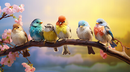 Obraz premium funny little birds sit on a branch in a spring Sunny Park and chirp