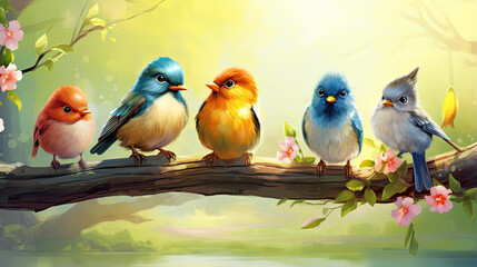 funny little birds sit on a branch in a spring Sunny Park and chirp