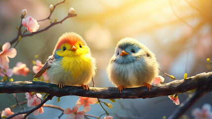 funny little birds sit on a branch in a spring Sunny Park and chirp - obrazy, fototapety, plakaty