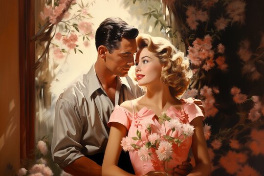 A vintage style illustration, a portrait of a couple deeply in love, surrounded by blooming flowers and soft sunlight. The couple is dressed in elegant attire from the 1950s. Generative Ai