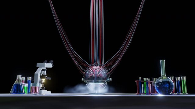 Human Brain Wired In Lab Network Loop
3D brain connected to wires in a preserving lab communicating through neural network. Animation depicting future brain machine interface, AI, machine learning.