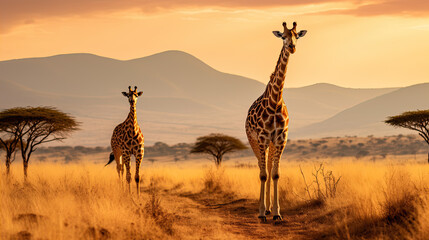 Giraffes in the African savannah. Serengeti National Park. Africa. Tanzania. - obrazy, fototapety, plakaty