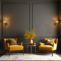 Luxury premium living room with two yellow mustard armchairs and a golden brass table. Painted accent empty wall for art. Dark room interior design.