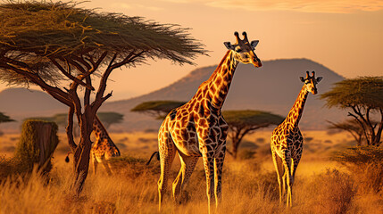 Giraffes in the African savannah. Serengeti National Park. Africa. Tanzania.