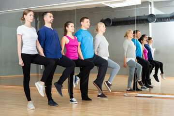 Smiling young and mature men and women training celtic dances movements in dance studio