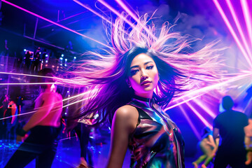 Fototapeta na wymiar A beautiful asian woman dancing in an electronic music club - Generative AI