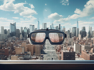 Fototapeta na wymiar Virtual Reality Glasses on City Rooftops Watching the World Go By - Midjourney AI Prompt