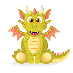 Kawaii cute little dragon light green monster in cartoon style isolated on white background. Symbol of the new 2024 year