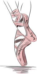 Hand drawn sketch of Ballerina pointe shoes, Feet in shoes of ballet class. Ballerina in pointe in a pose on one leg - 652085251