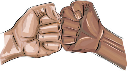 Fist bumping banner hand drawn with single line. Team work, partnership, friendship, friends, spirit hands gesture